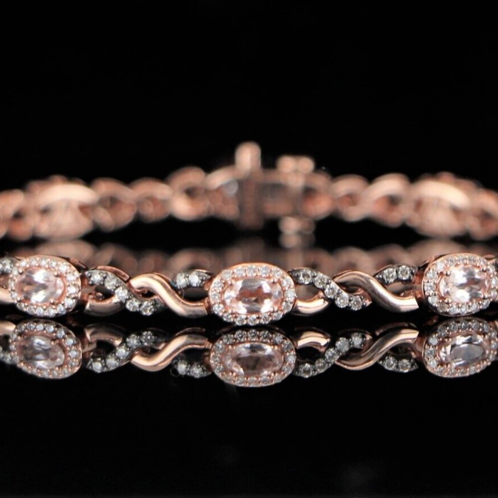 Levian 14k Rose Gold Peach Morganite Chocolate White Diamond Tennis 7" Bracelet